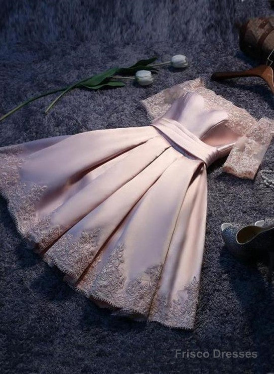 Lovely Satin Pink A Line Off Shoulder Homecoming Dresses, Cute Prom Dresses With Lace-Up Main image