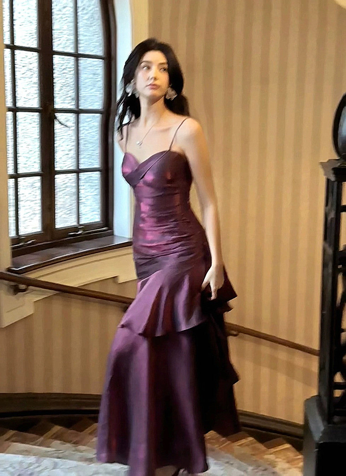 Lovely Satin Purple Straps Mermaid Long Formal Dress, Purple Prom Dress Party Dress Main image