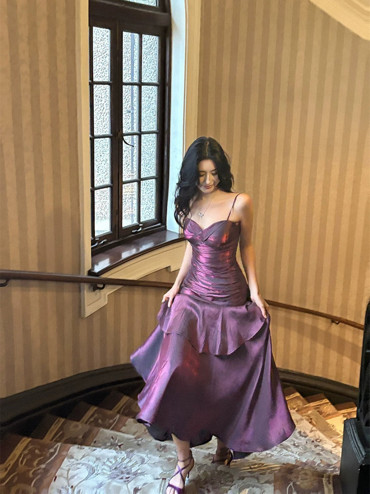Lovely Satin Purple Straps Mermaid Long Formal Dress, Purple Prom Dress Party Dress