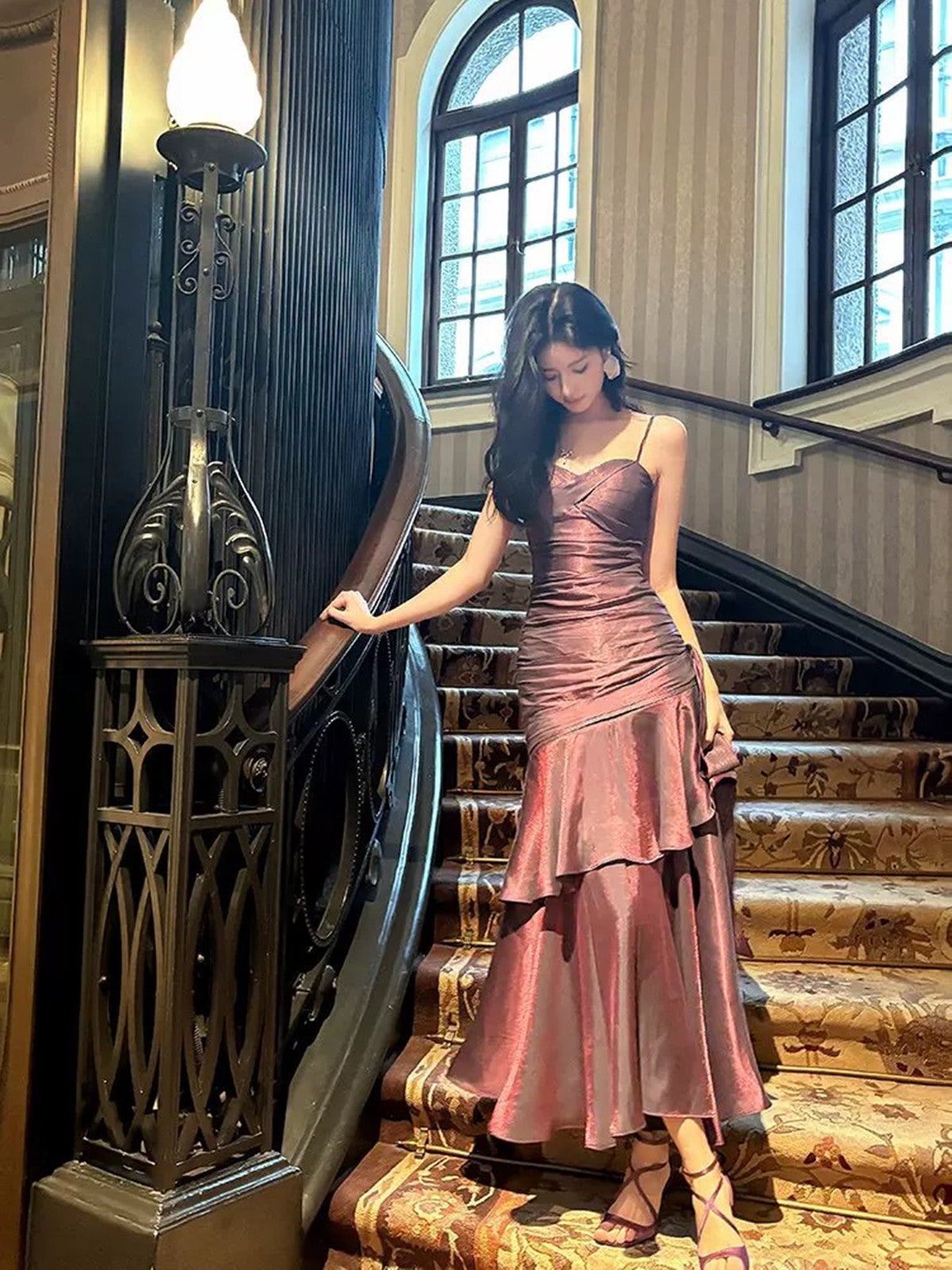 Lovely Satin Purple Straps Mermaid Long Formal Dress, Purple Prom Dress Party Dress