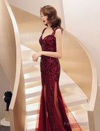 Lovely Sequins Mermaid Tulle And Sequins Party Dress, Wine Red Prom Dress