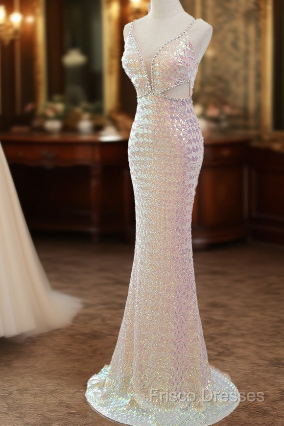 Lovely Sequins Mermaid V-Neckline Straps Party Dress, Sequins Long Formal Dress