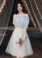 Lovely Short Prom Dress Blue Homecoming Dress, V-Neckline Short Graduation Dress