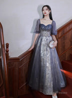 Lovely Short Sleeves Tulle With Lace Formal Dress, A-Line Evening Dress Party Dress