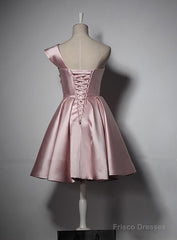 Lovely Simple One Shoulder Pink Bridesmaid Dress, Pink Satin Homecoming Dress