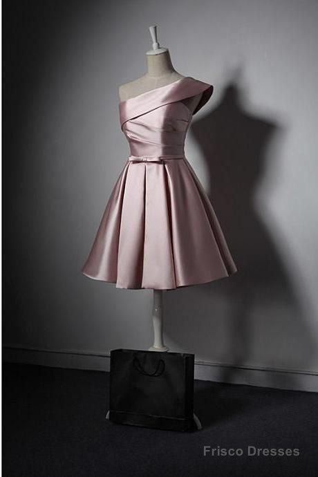 Lovely Simple One Shoulder Pink Bridesmaid Dress, Pink Satin Homecoming Dress Main image