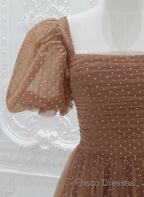 Lovely Simple Tulle Short Sleeves A-Line Party Dress, Long Tulle Formal Dress Formal Dress