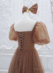 Lovely Simple Tulle Short Sleeves A-Line Party Dress, Long Tulle Formal Dress Evening Dress