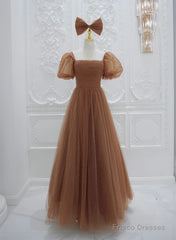 Lovely Simple Tulle Short Sleeves A-Line Party Dress, Long Tulle Formal Dress Evening Dress