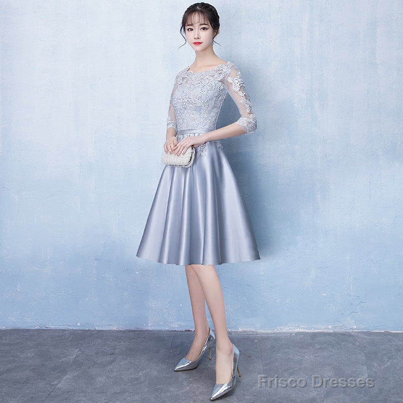 Lovely Sliver Grey Satin And Lace Short Sleeves Homecoming Dress, Short Party Dress Prom Dress
