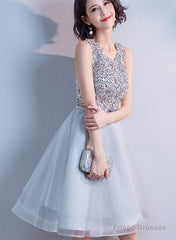 Lovely Sliver Grey Sequins Short Tulle Prom Dress Homecoming Dress, Grey Shiny Party Dresses