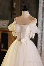 Lovely Spaghetti Strap Tulle Short Formal Prom Dress, Light Champagne A-Line Formal Party Dress