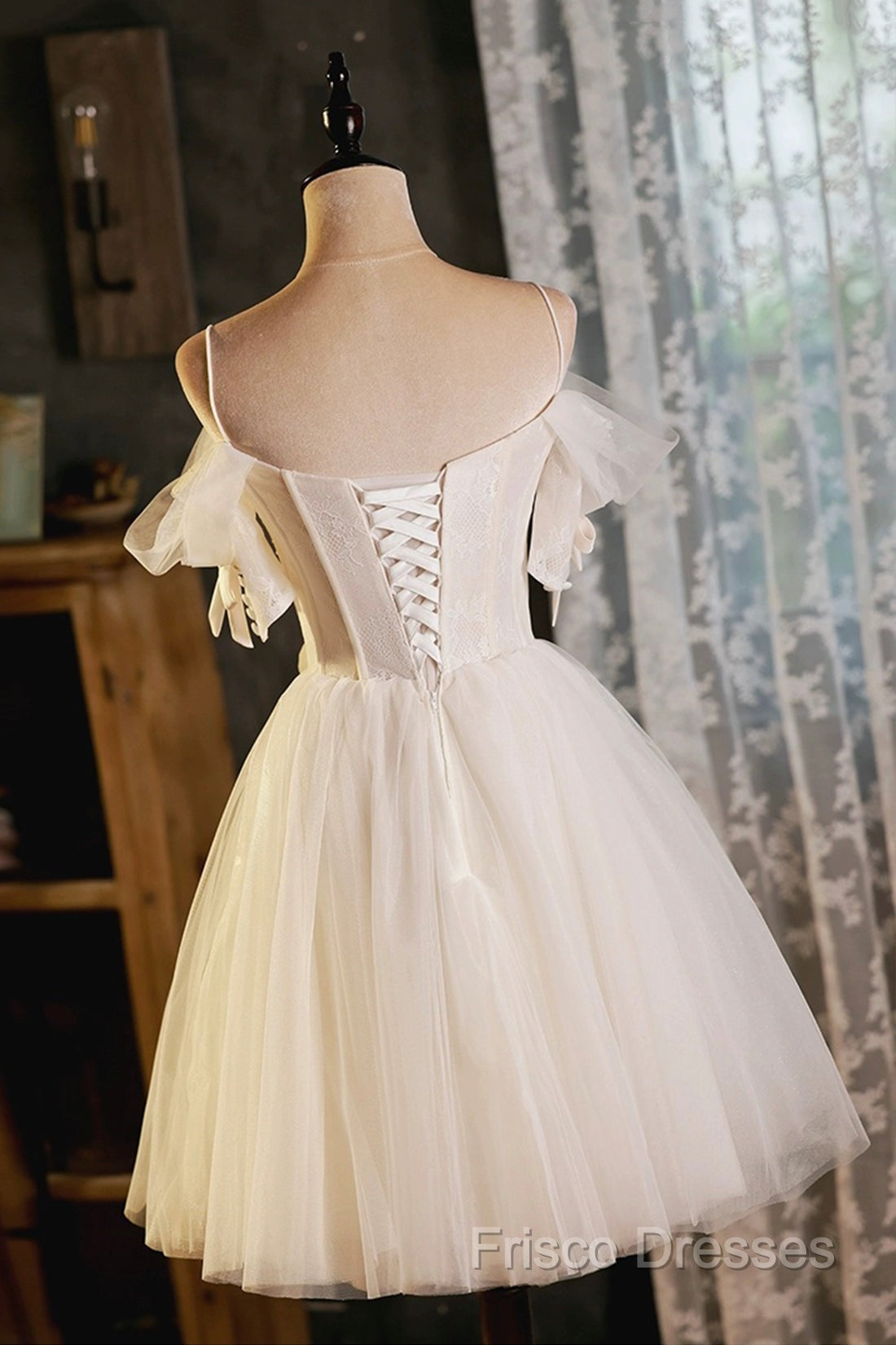 Lovely Spaghetti Strap Tulle Short Formal Prom Dress, Light Champagne A-Line Formal Party Dress