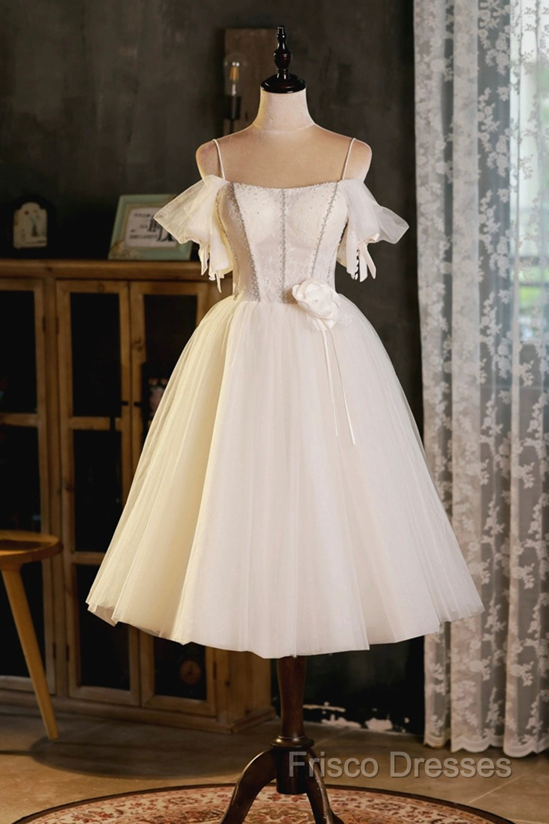 Lovely Spaghetti Strap Tulle Short Formal Prom Dress, Light Champagne A-Line Formal Party Dress
