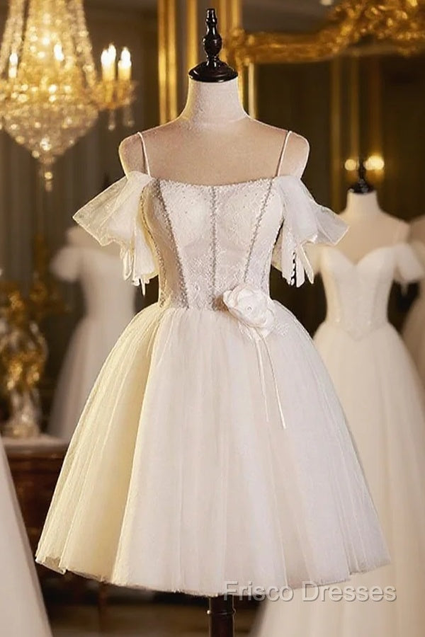Lovely Spaghetti Strap Tulle Short Formal Prom Dress, Light Champagne A-Line Formal Party Dress Main image
