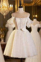 Lovely Spaghetti Strap Tulle Short Formal Prom Dress, Light Champagne A-Line Formal Party Dress