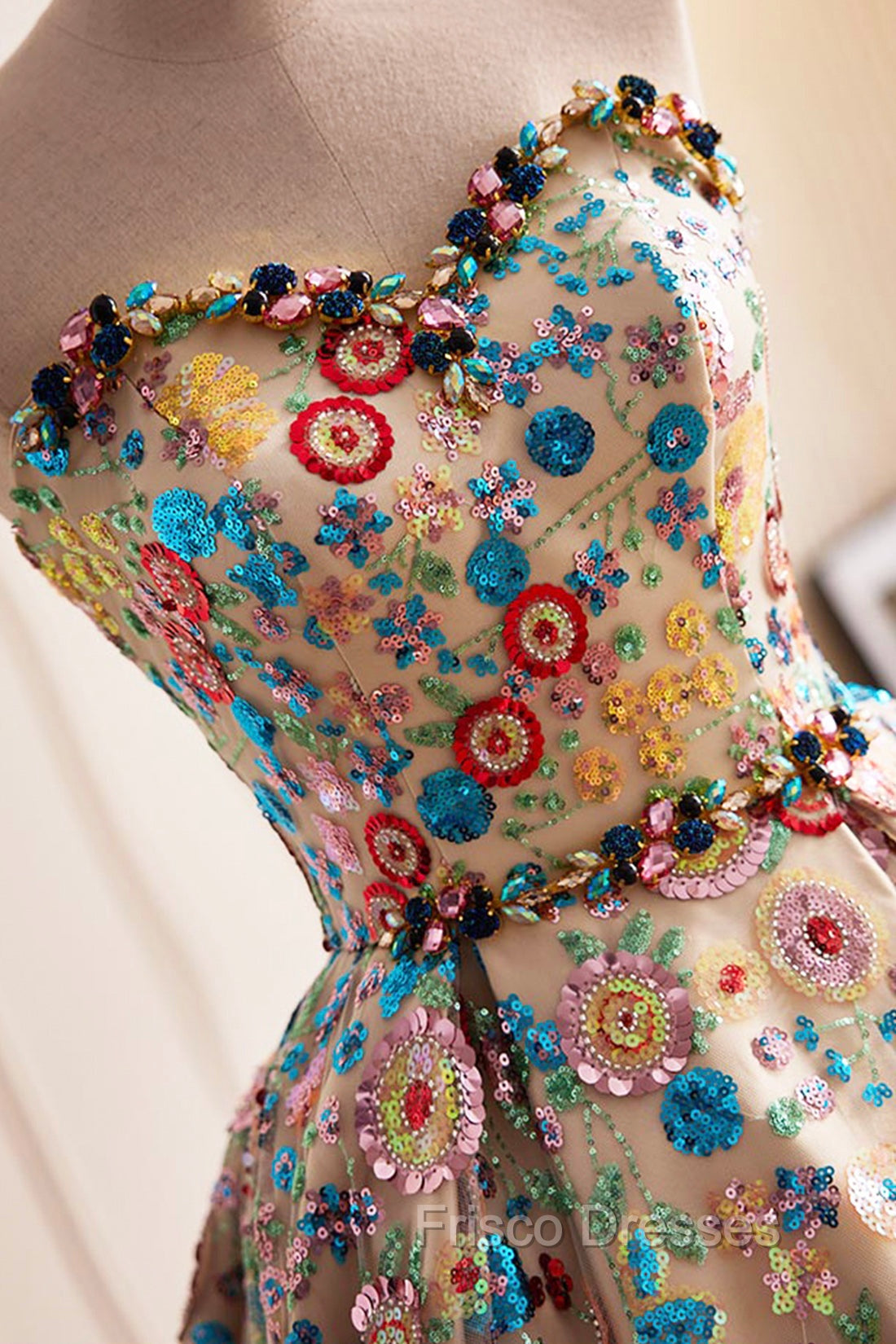 Lovely Sweetheart Floral Sequin Long Formal Prom Dress, A-Line Strapless Evening Dress Secondary image