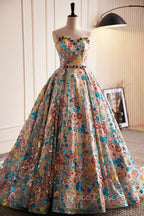 Lovely Sweetheart Floral Sequin Long Formal Prom Dress, A-Line Strapless Evening Dress