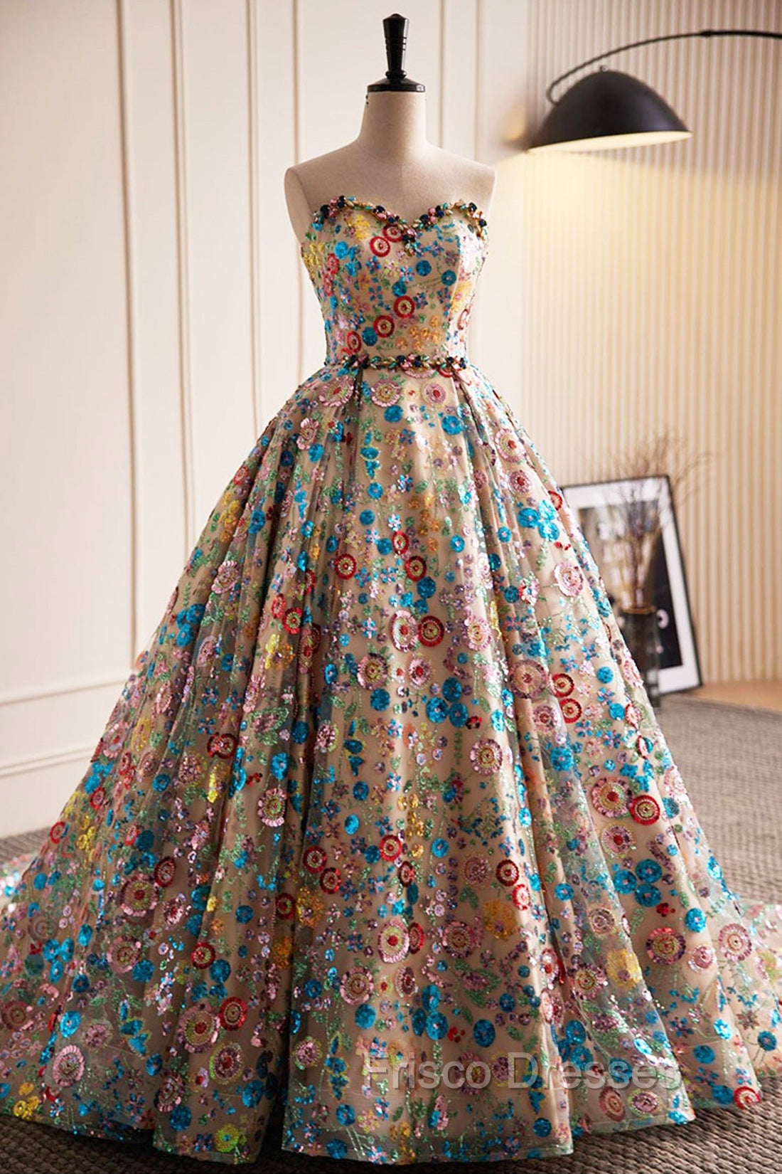 Lovely Sweetheart Floral Sequin Long Formal Prom Dress, A-Line Strapless Evening Dress