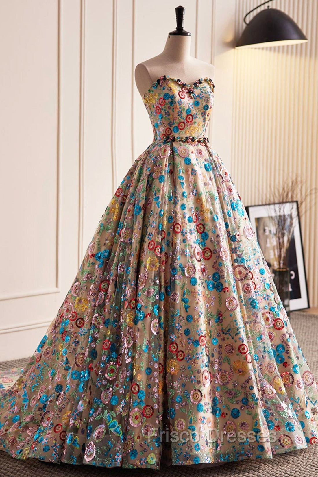 Lovely Sweetheart Floral Sequin Long Formal Prom Dress, A-Line Strapless Evening Dress