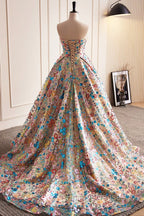 Lovely Sweetheart Floral Sequin Long Formal Prom Dress, A-Line Strapless Evening Dress