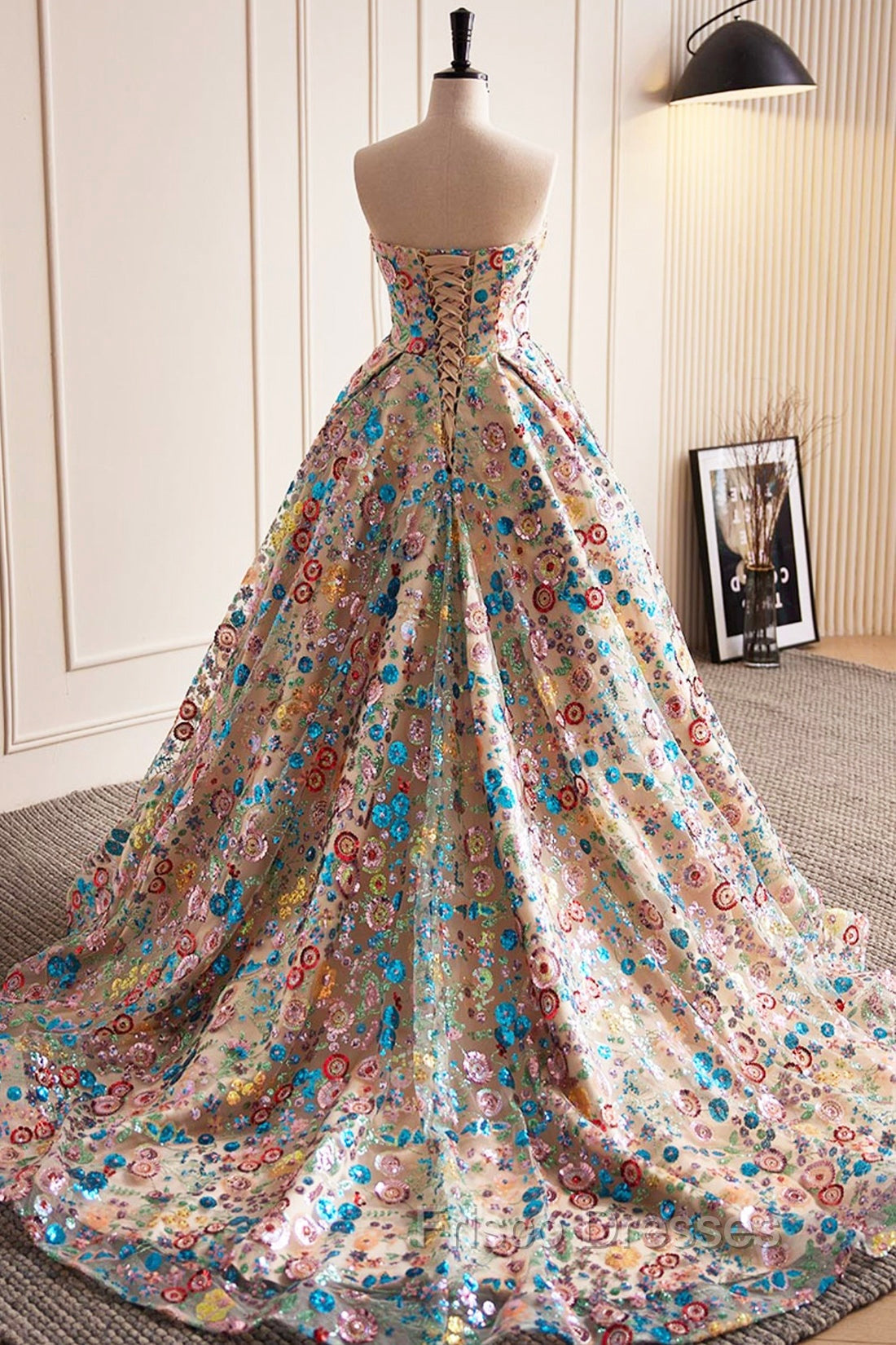 Lovely Sweetheart Floral Sequin Long Formal Prom Dress, A-Line Strapless Evening Dress