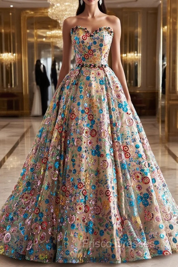 Lovely Sweetheart Floral Sequin Long Formal Prom Dress, A-Line Strapless Evening Dress Main image