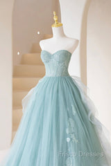 Lovely Sweetheart Neckline Tulle Long Formal Prom Dress With Lace, Beautiful Strapless Formal Dress