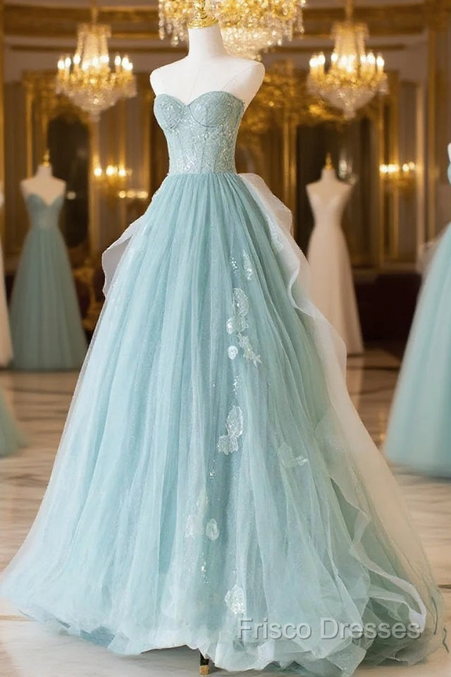 Lovely Sweetheart Neckline Tulle Long Formal Prom Dress With Lace, Beautiful Strapless Formal Dress