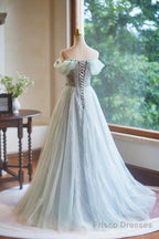 Lovely Tulle Floor Length Green Party Dress, Off the Shoulder A-Line Evening Dress