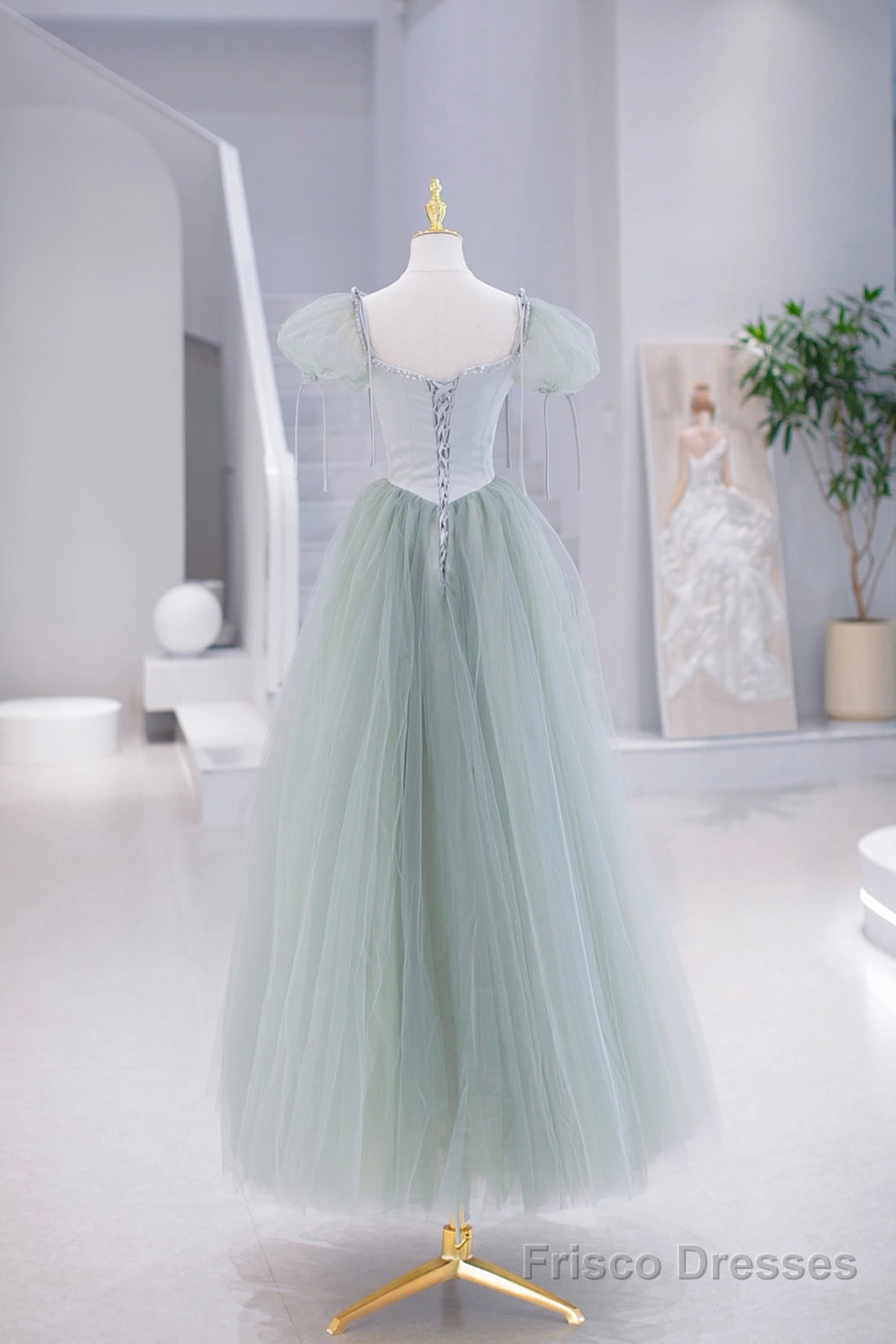 Lovely Tulle Floor Length Prom Dress, A-Line Short Sleeve Evening Party Dress