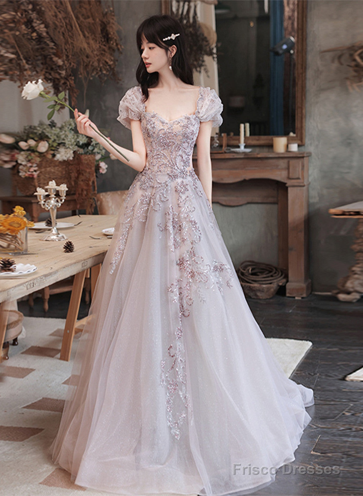 Lovely Tulle Short Sleeves Long A-Line Party Dress, Tulle Evening Dress Prom Dress Main image