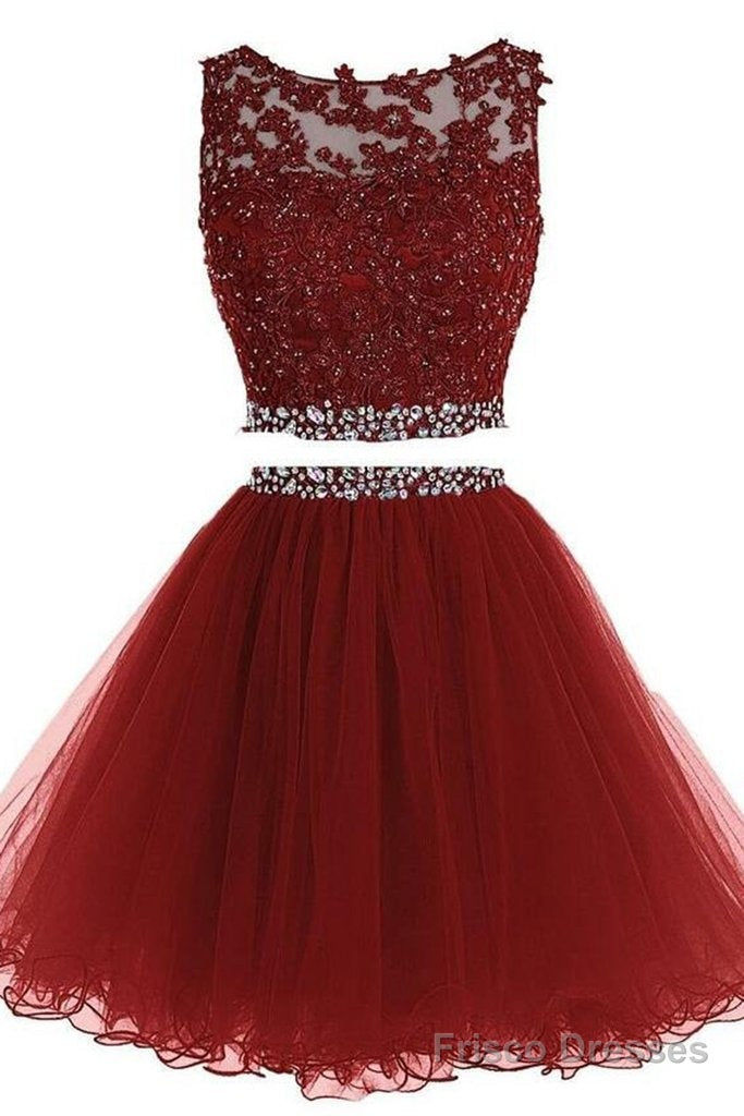 Lovely Two Piece Tulle with Lace Applique, Short Prom Dress Main image