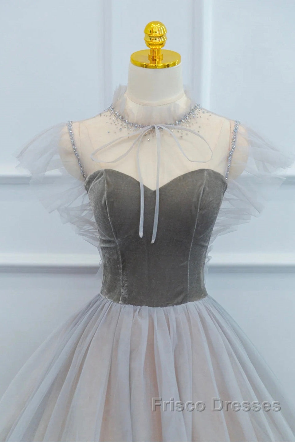 Lovely Velvet And Tulle Floor Length Formal Prom Dress, Gray A-Line Formal Evening Dress Secondary image