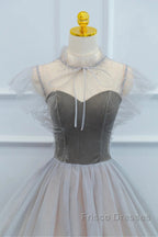 Lovely Velvet And Tulle Floor Length Formal Prom Dress, Gray A-Line Formal Evening Dress