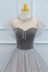 Lovely Velvet And Tulle Floor Length Prom Dress, Gray A-Line Formal Evening Dress