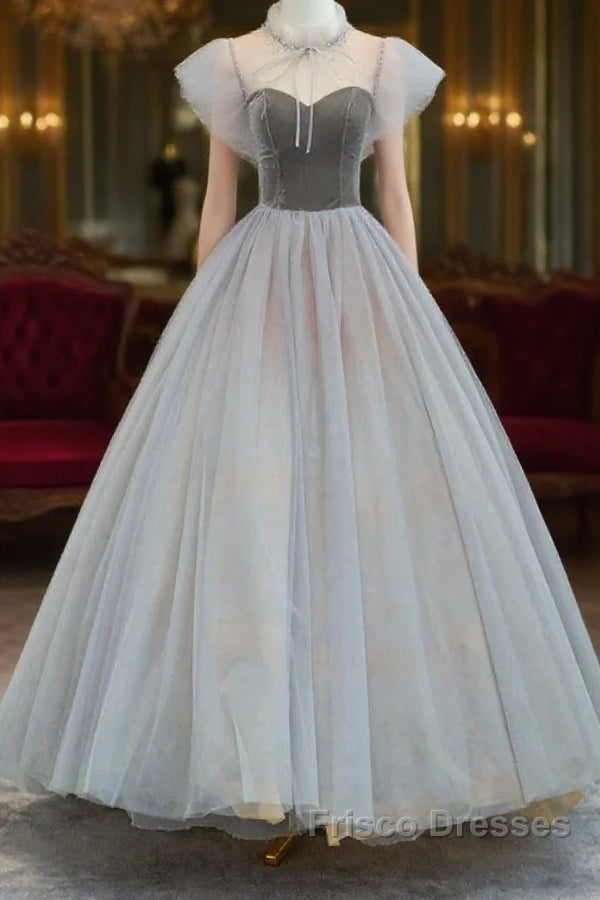 Lovely Velvet And Tulle Floor Length Formal Prom Dress, Gray A-Line Formal Evening Dress