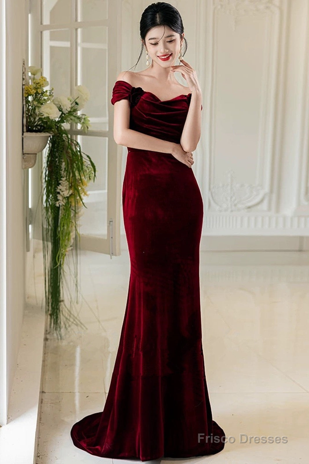 Lovely Velvet Mermaid Off Shoulder Long Prom Dress, Wine Red Wedding Party Dress Secondary image