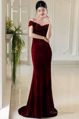 Lovely Velvet Mermaid Off Shoulder Long Prom Dress, Wine Red Wedding Party Dress