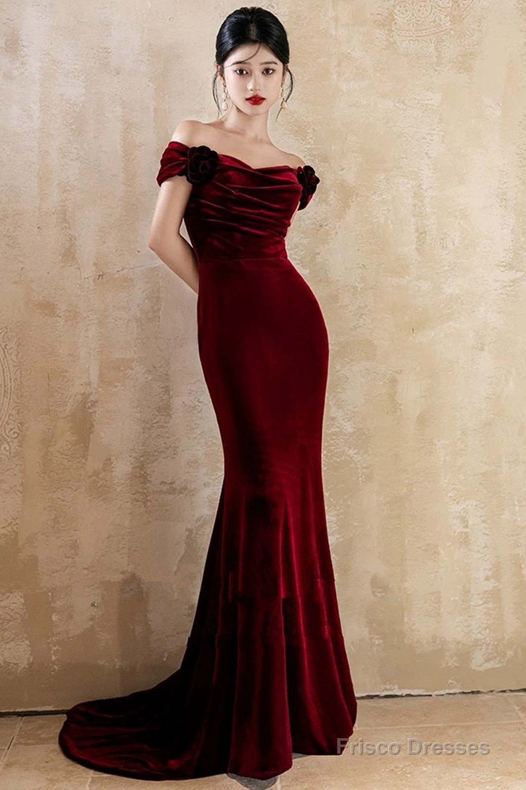 Lovely Velvet Mermaid Off Shoulder Long Prom Dress, Wine Red Wedding Party Dress Main image