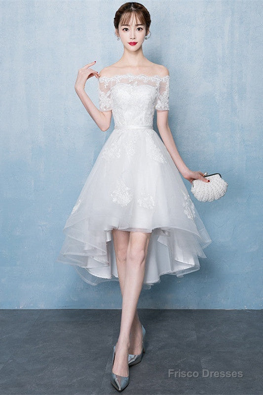 Lovely White High Low Tulle Graduation Dress, Off The Shoulder Party Dress Main image