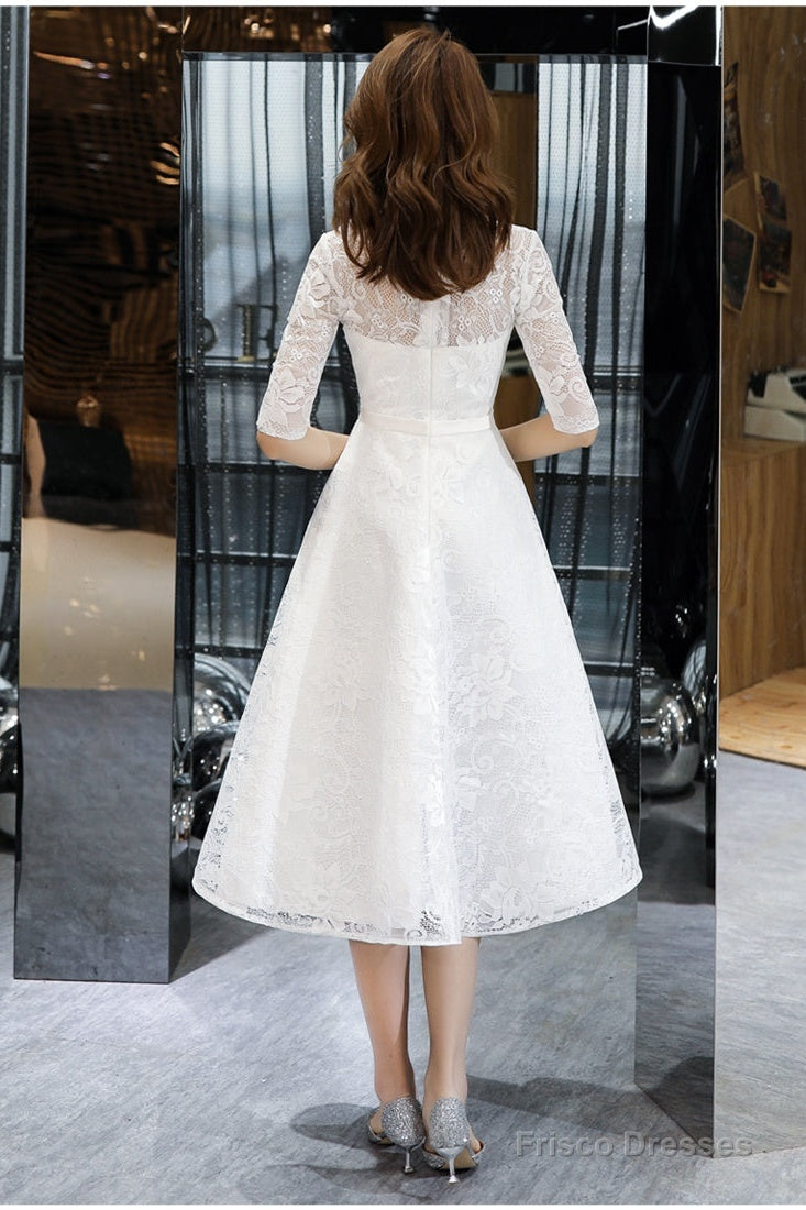 Lovely White Tea Length Lace Simple Short Sleeves Party Dress, White Lace Wedding Party Dress Graduation Dress