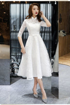 Lovely White Tea Length Lace Simple Short Sleeves Party Dress, White Lace Wedding Party Dress Graduation Dress