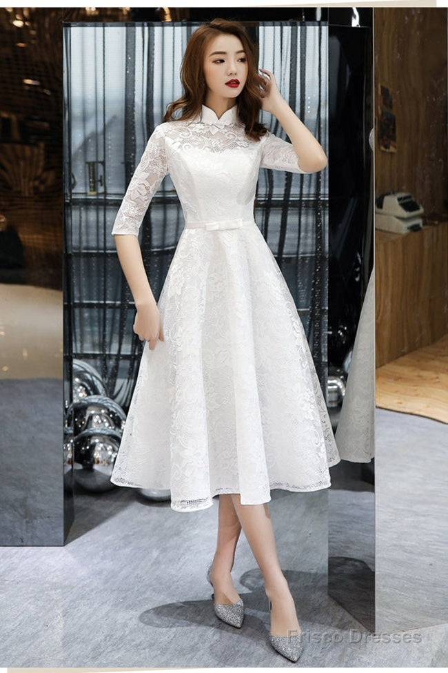Lovely White Tea Length Lace Simple Short Sleeves Party Dress, White Lace Wedding Party Dress Graduation Dress