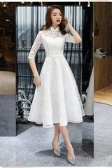 Lovely White Tea Length Lace Simple Short Sleeves Party Dress, White Lace Wedding Party Dress Graduation Dress
