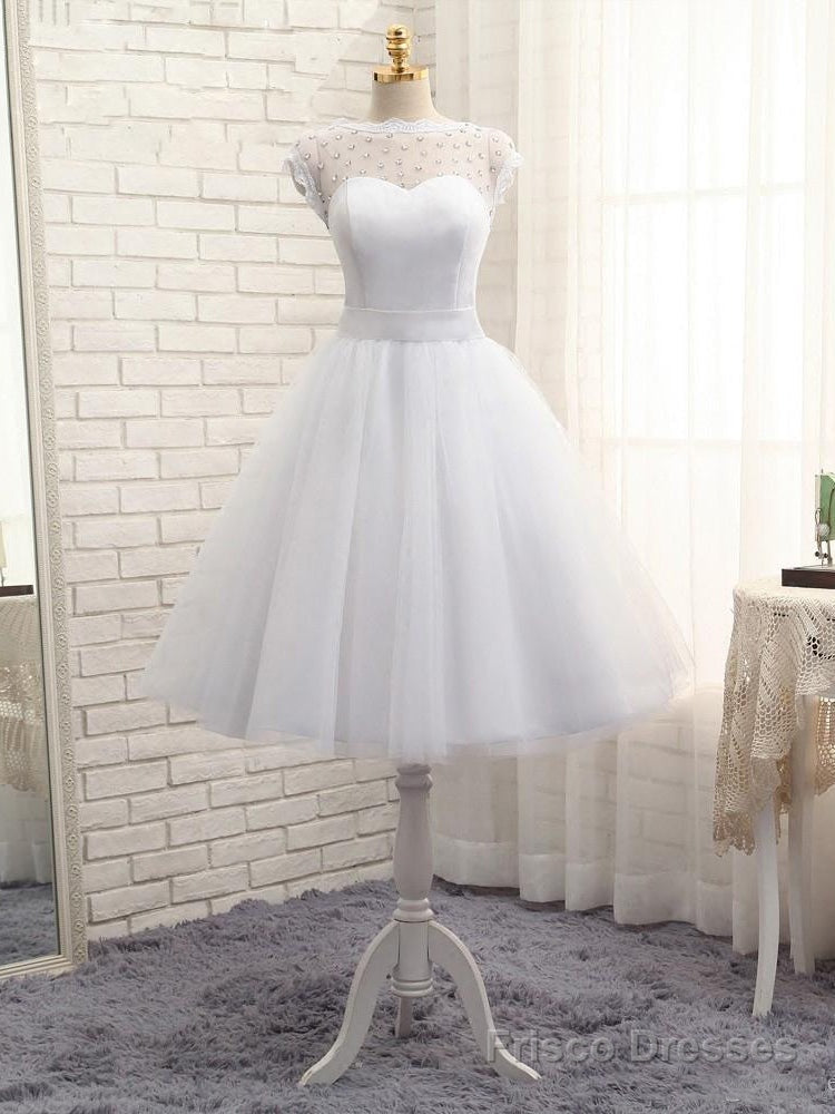 Lovely White Tulle Beaded Short Simple Wedding Party Dress, Short Bridal Dress Wedding Dress