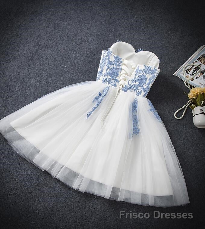 Lovely White Tulle Party Dress with Blue Applique, Homecoming Dress Secondary image