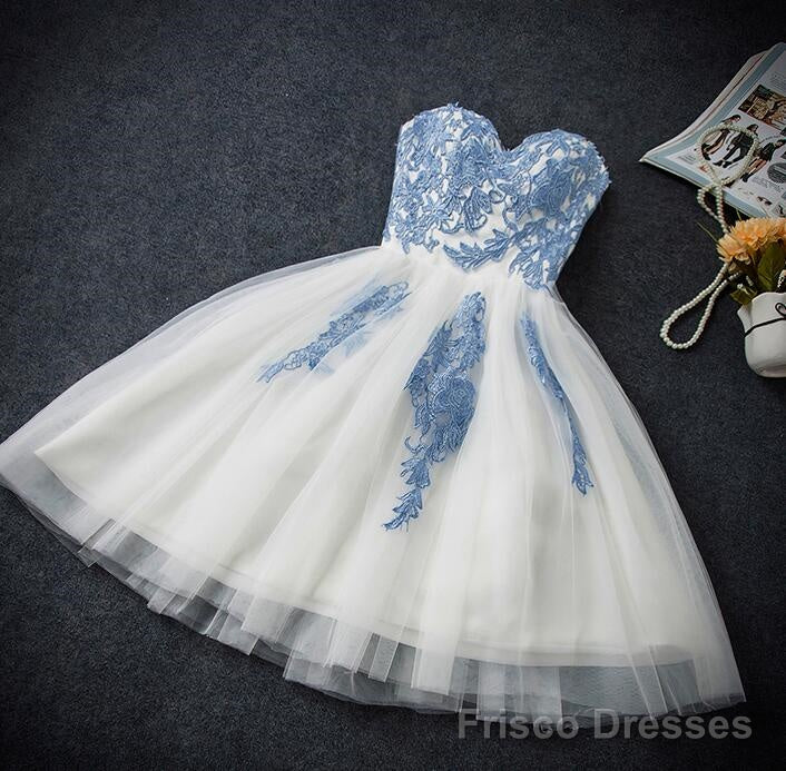 Lovely White Tulle Party Dress with Blue Applique, Homecoming Dress Main image