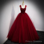 Lovely Wine Red Princess Tulle Beaded Long Party Dress, Dark Red Formal Gown