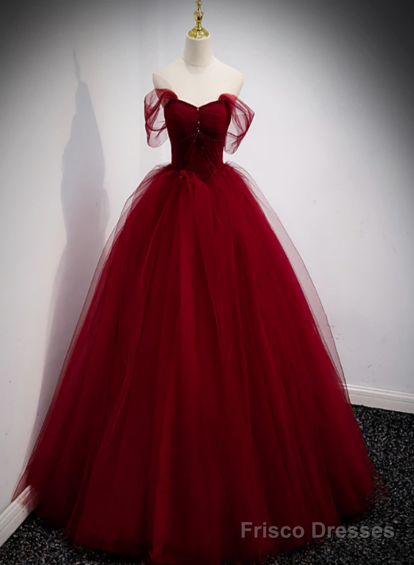 Lovely Wine Red Princess Tulle Beaded Long Party Dress, Dark Red Formal Gown Main image